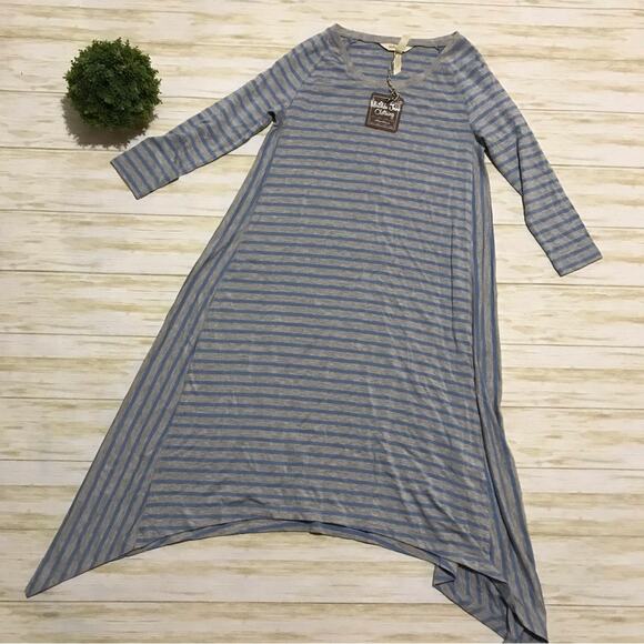 Matilda Jane NWT‎ Her Majesty Jersey Knit Blue Gray Stripe Asymmetric Dress XS - Picture 1 of 2